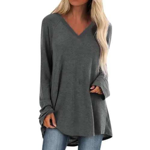 t shirt women 2021 fashion Plus Size Women T-Shirt Autumn Solid Color Long Sleeve V Neck Pullover Loose Midi T-Shirt Top xxxxxl black t shirt for men Tees