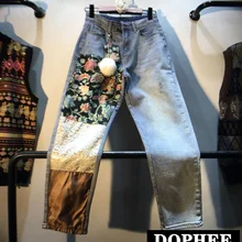 Новые модные женские сшитые нашивки с высокой талией, тонкие прямые джинсовые брюки, женские студенческие ретро джинсовые штаны с меховыми помпонами