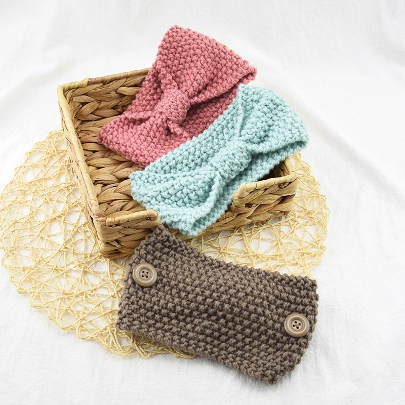 

Solid Color Handmade Hair Accessories Bow Crochet Head Wrap Women Headband with Button Elastic Hair Band Knitted Wool Headbands