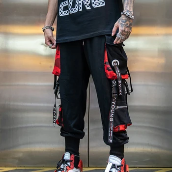 

Cargo Pants Men Letter Ribbons Block Hit Color Pocket Track Pants Trousers Sweatpants MaleCasual Hip Hop Joggers Streetwear