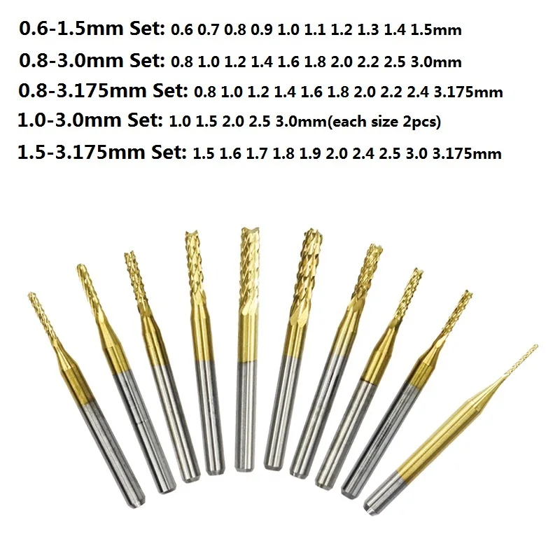 10pcs Titanium Coat Carbide 1.0-3.0mm PCB Carbide Tools CNC Milling Cutters Kits