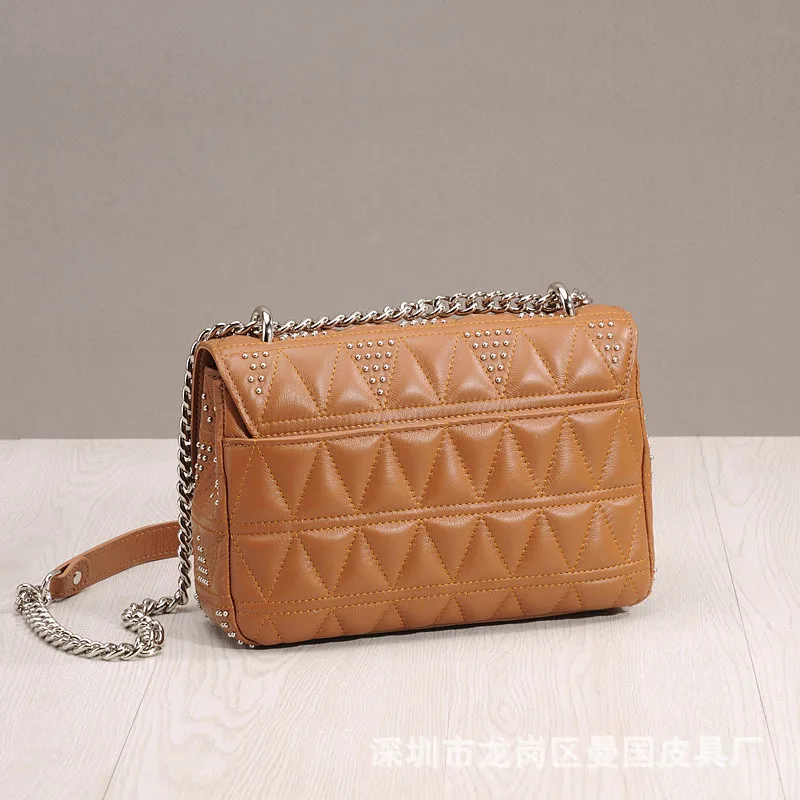 High Quality Women Leather Handbag New Top Layer Leather Rhombic Chain Crossbody Bag Female Rivet Shoulder Messenger Bag