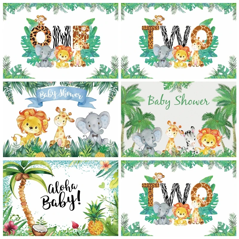 

Laeacco Baby Cartoon Elephant Lion Baby Shower Birthday Party Customized Banner Portrait Photographic Background Photo Backdrops