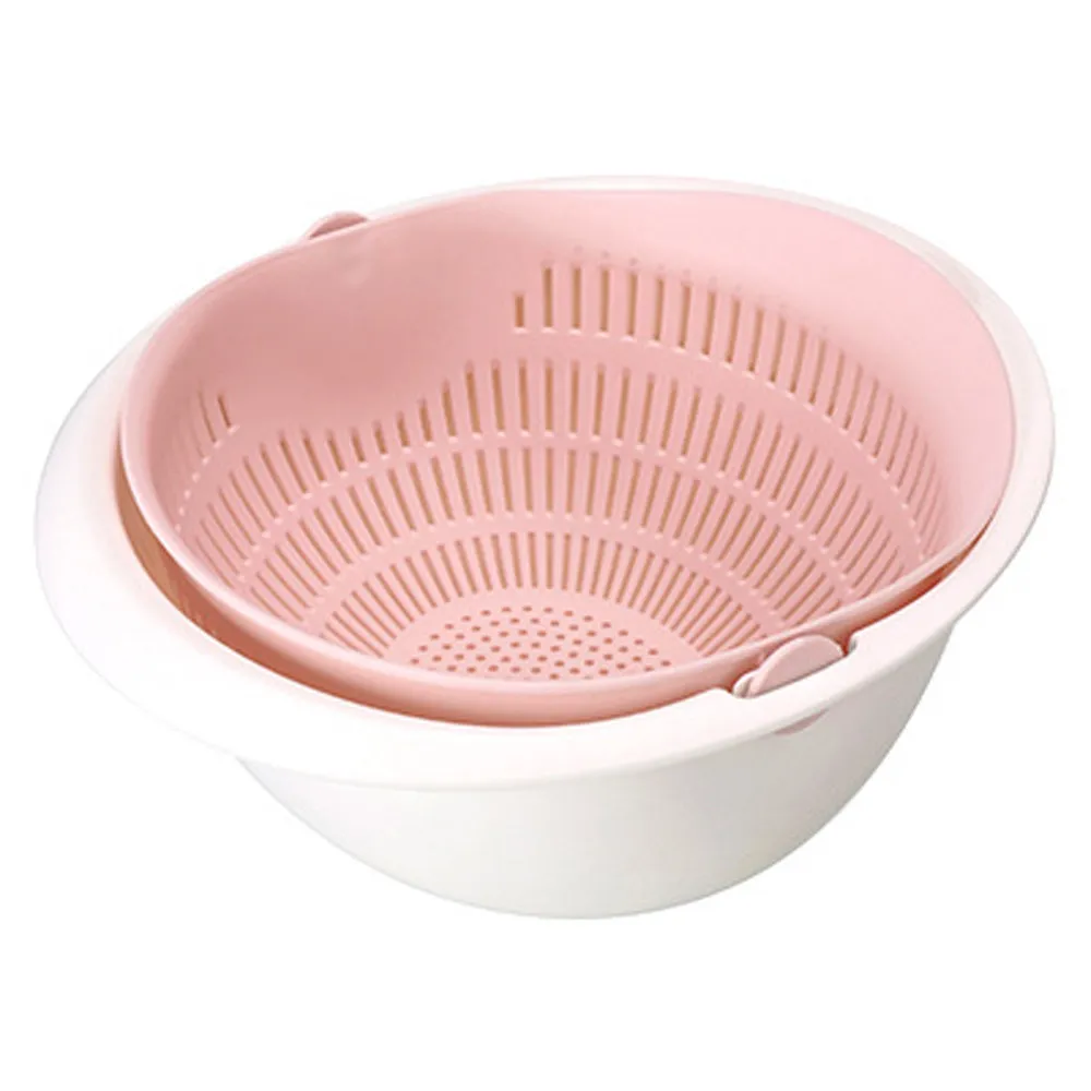 Кухонная двойная корзина для слива, миска, пластиковая лапша, корзина для мытья овощей, портативная кухонная дуршлаг для фруктов, корзина для хранения#1021 - Цвет: Розовый