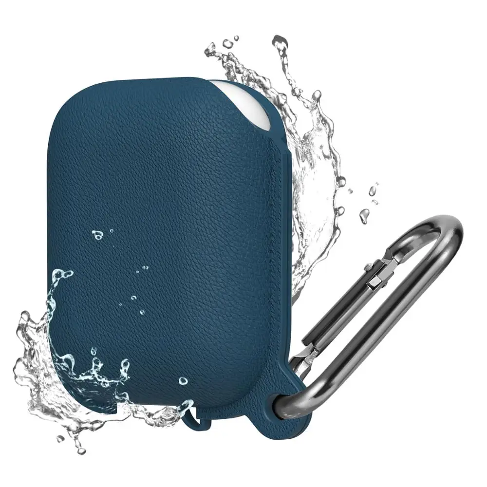 Deep blue Litchi водонепроницаемый чехол для наушников для Airpods 1 2 чехол противоударный мягкий силиконовый защитный чехол для Airpods чехол с крючком - Цвет: Deep blue