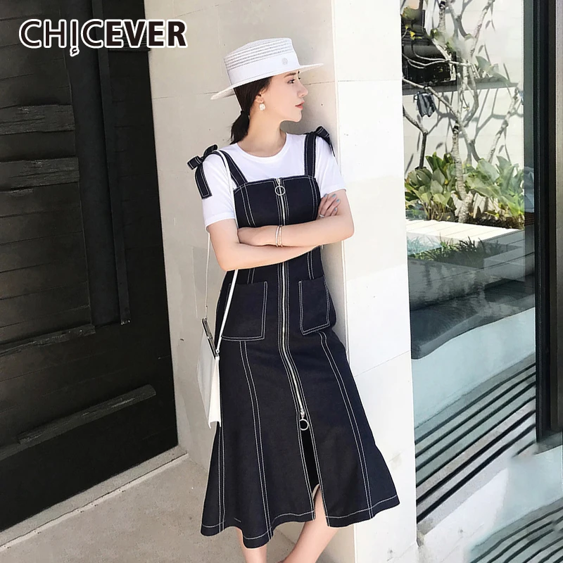 

CHICEVER Korean Patchwork Bowknots Women's Dress Square Collar Sling Off Shoulder Zippers Pockets Plus Size Dresses Female 2019