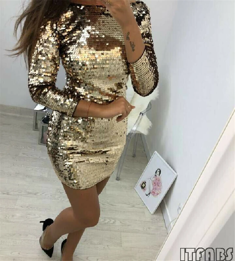 Sequins Women Dress Bling Autumn Long Sleeve Sexy Mini Sequined Evening Party Beach Dresses Sundress New Arrivals XL | Женская одежда