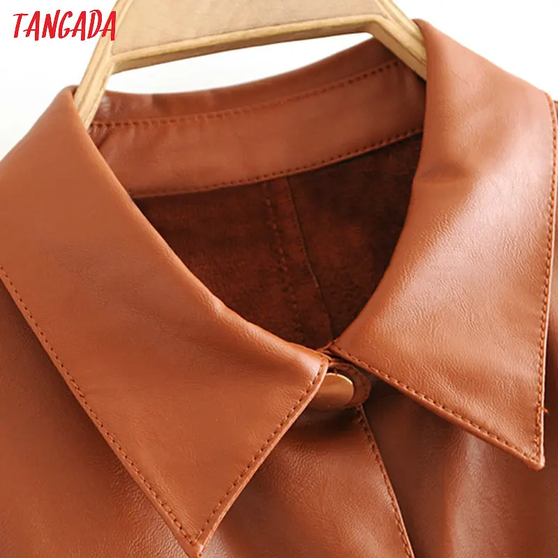 Tangada женское платье из искусственной кожи с поясом и коротким рукавом в стиле ретро элегантное коричневое платье средней длины vestido 3H166