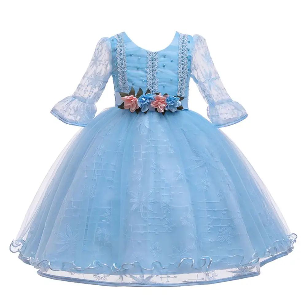

Girls Romantic Puffy Tulle Dresses Flower Girl Short Sleeve Lace Dress Beading Bow Belt Evening Pageant Gowns for Children