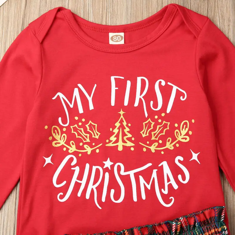 Комплект из 3 предметов для маленьких девочек, детский первый Рождественский комбинезон, клетчатая юбка, платье, наряды одежда для маленьких девочек осенний Рождественский комплект