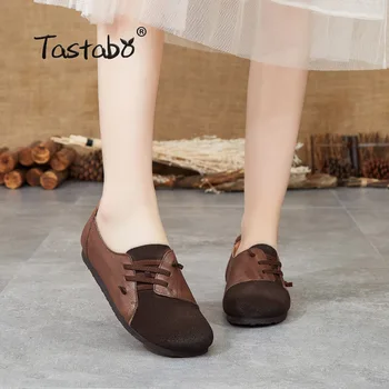 

Tastabo Genuine Leather Handmade Women Shoes Simple style Brown Khaki S118-2 soft bottom shoes Color matching Driving shoes