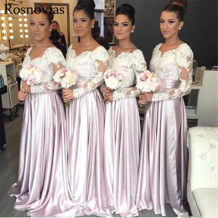 Arabic Long Sleeves Bridesmaid Dresses Long Lace Top Scoop Sweep Train Prom Party Dress Maid Of Honor Gowns Plus Size