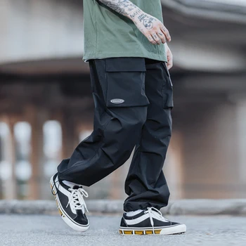 

Safari Style! Loose-fit Belt Cargo Pants Mens Streetwear Multi-pocket Wide-leg Pants Lazy Baggy Black Trousers Men