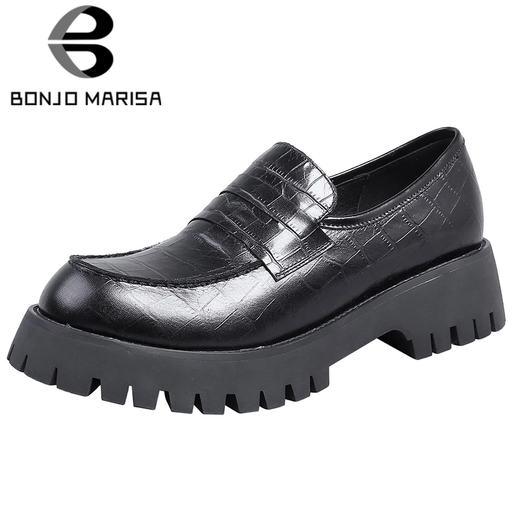 

BONJOMARISA Spring New Brand Ladies Genuine Leather Loafers Fashion Fretwork Platform Flats Women Casual slip-on Shoes Woman
