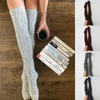 

Japanese Women Girls Winter Cable Knitted Long Solid Color Preppy Style Over Knee Thigh High Stockings Casual Wear Warmer