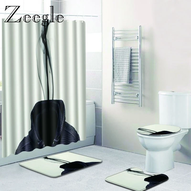 Zeegle Shower Curtain and Bath Mat Set Absorbent Toilet Pedestal Rug Flannel Soft Foot Mat Non Slip Bathroom Doormat Toilet Set