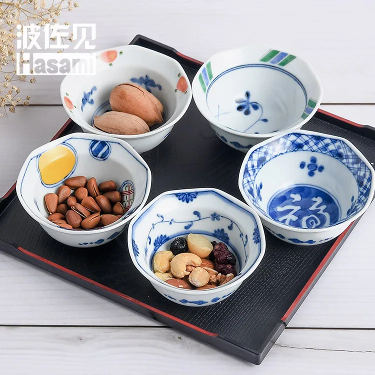 

HASAMI Imported from Japan Ceramic Tableware Dyeing jin EMI Bian Octagonal Small Bowl Six Enter with Mop Tray Gift Set Wholesale