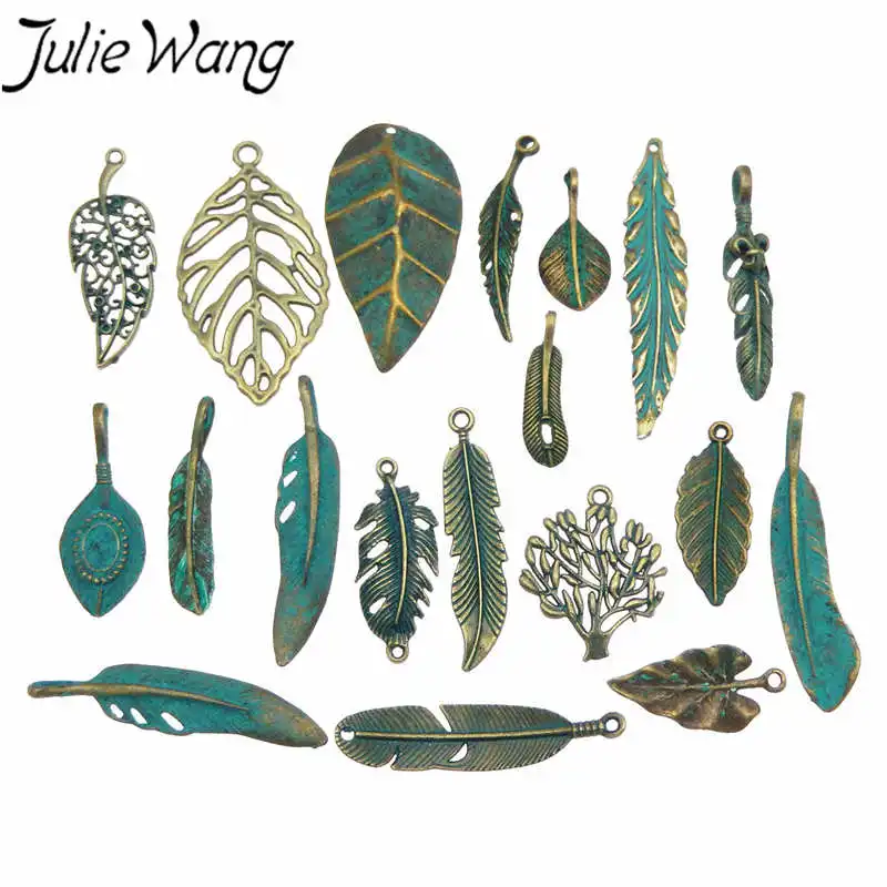Alloy Pendant Jewelry Charms Metal Charm 14pcs Leaves Feather Charms Alloy Antique Bronze Random Mixed Pendants Necklace Findings Jewelry Making Accessories