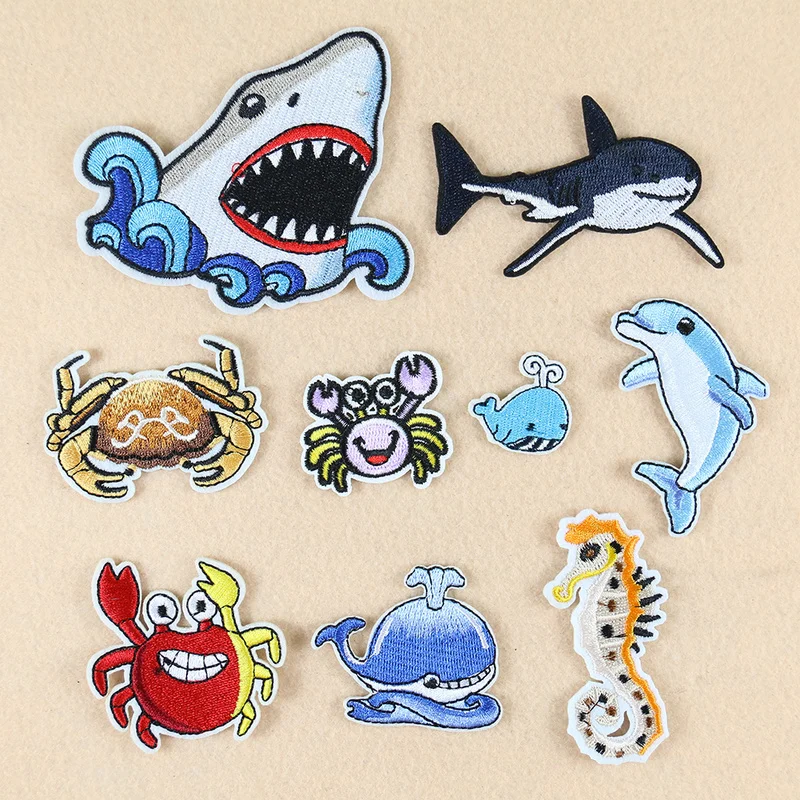 Cartoon Shark Crab Dolphin Iron On Patches For Clothes Embroidery Applique Apparel Sewing DIY Cute Animals Patch Women Cloth | Дом и сад
