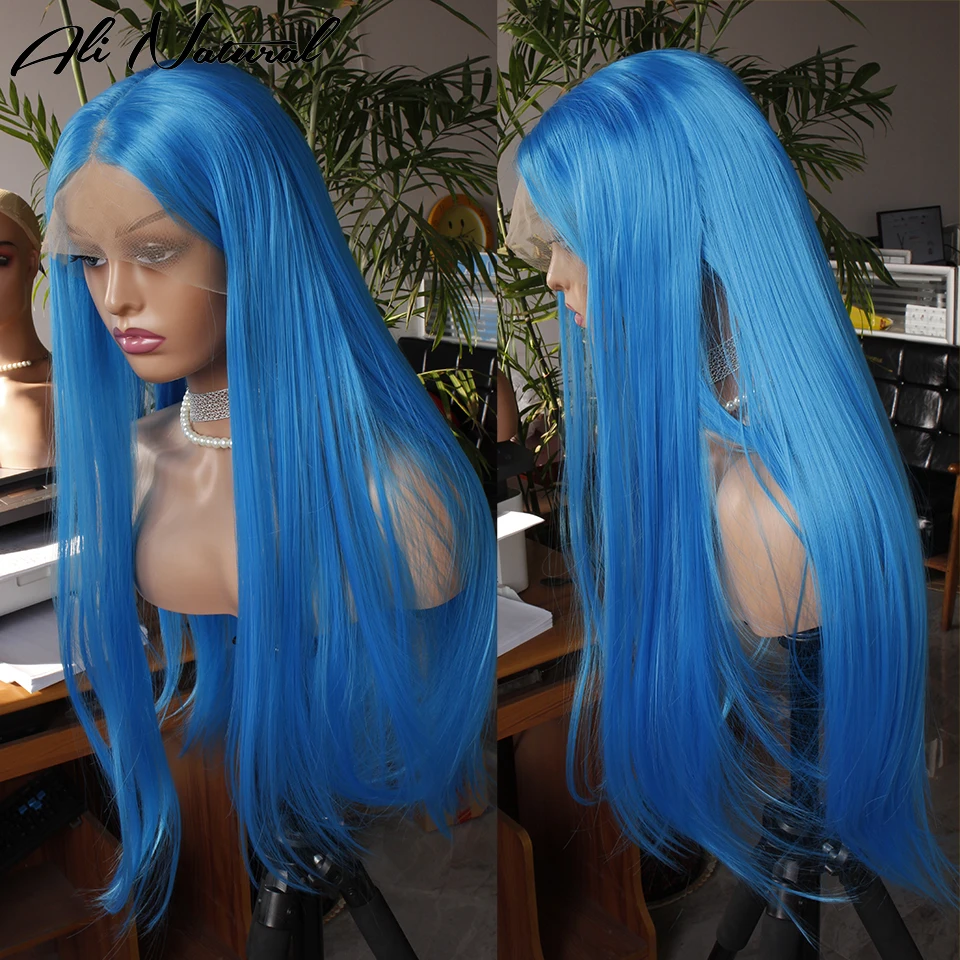 Light Blue Straight Glueless Transparent T Part Lace Front Wig Synthetic For Black Women With Baby Hair 22Inch Fiber