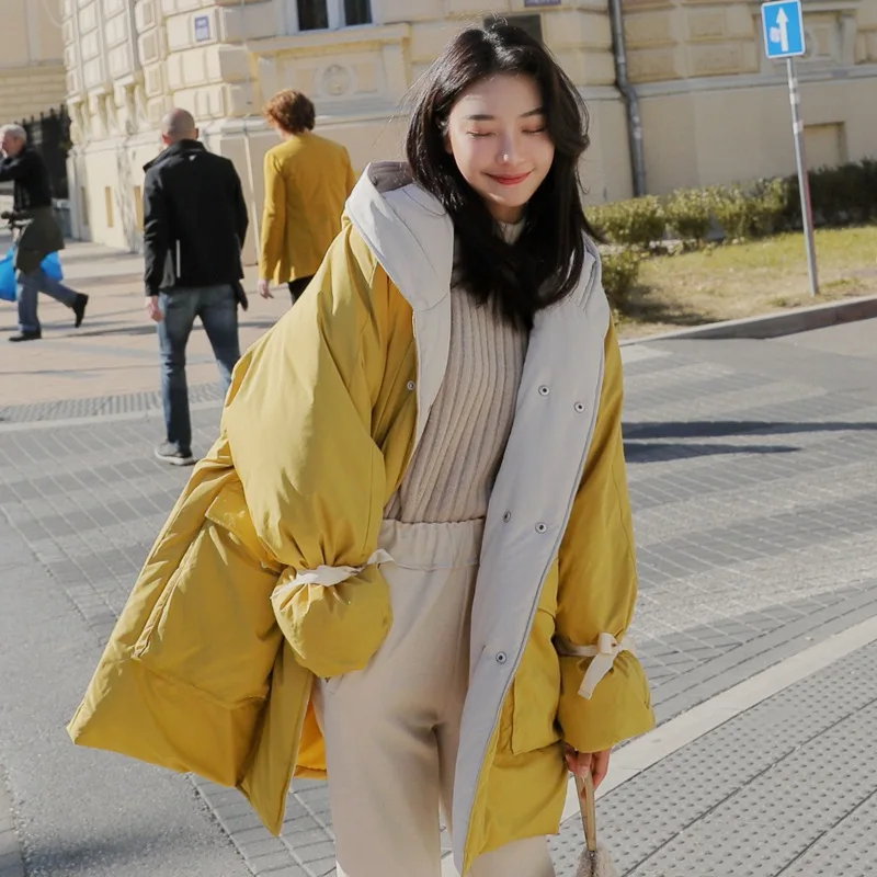 

2019 Chic Off-white Korean-style Mid-length Loose-Fit Hooded Short-height Webbing Mixed Colors Cotton Coat Women's Winter Coat