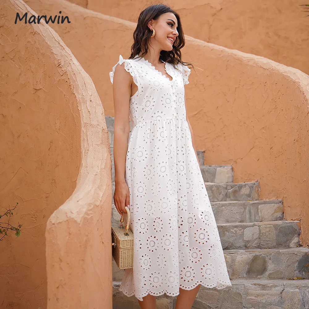 Marwin Long Simple Casual Solid Hollow Out Pure Cotton Holiday Style High Waist Fashion Mid-Calf Summer Dresses NEW Vestidos