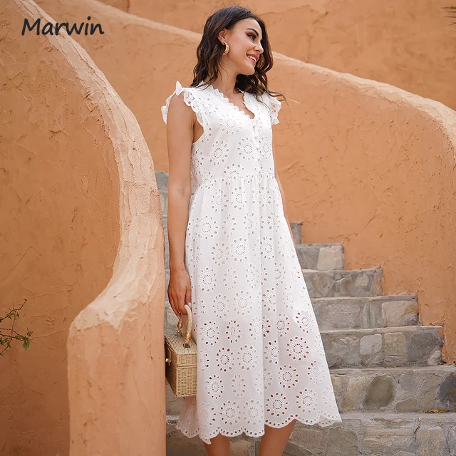 Marwin Long Simple Casual Solid Hollow Out Pure Cotton Holiday Style High Waist Fashion Mid-Calf Summer Dresses NEW Vestidos 3