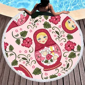 

Matryoshka Round Beach Towel Pink Women Floral Printed Yoga Mat Blanket Microfiber Towel Large Bath Toalla De Plage T103
