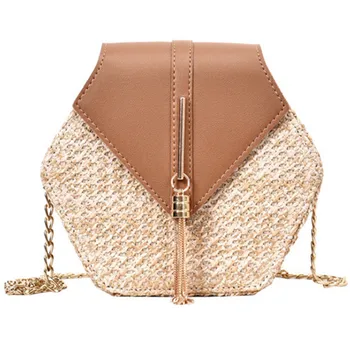 

Handmade Straw Round Rattan Bag Zipper Pouch Adjustable Strap Wicker Purse Shoulder Bag