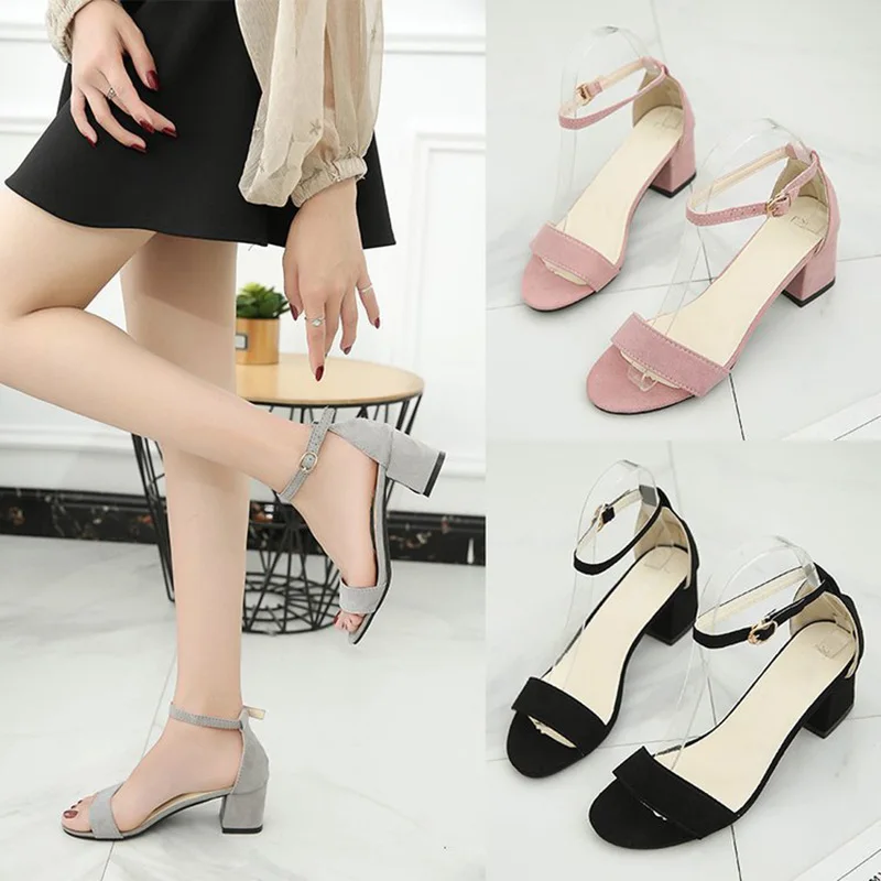 

2019 Summer Fashion Womens One-button Strap Mid Heel Sandal Open Toe Wild Small Size Roman Sandals C55