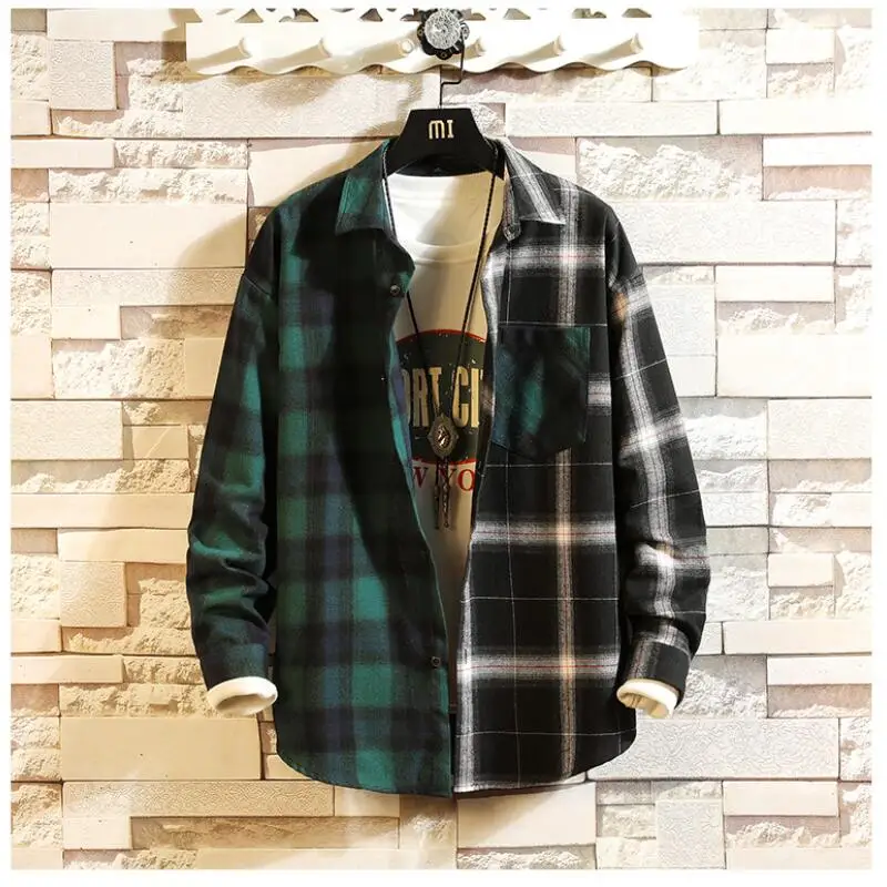 

Student Trend Casual Long Sleeve Striped Plaid Shirt Men Four Season Korean Men's Shirts Checkered Blouse Double color stitching