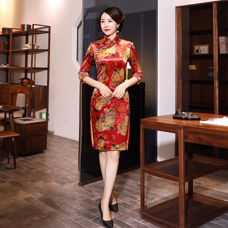 XL элегантный Улучшенный модный короткий рукав cheongsam с золотым бархатным принтом cheongsam женская Ретро короткая юбка