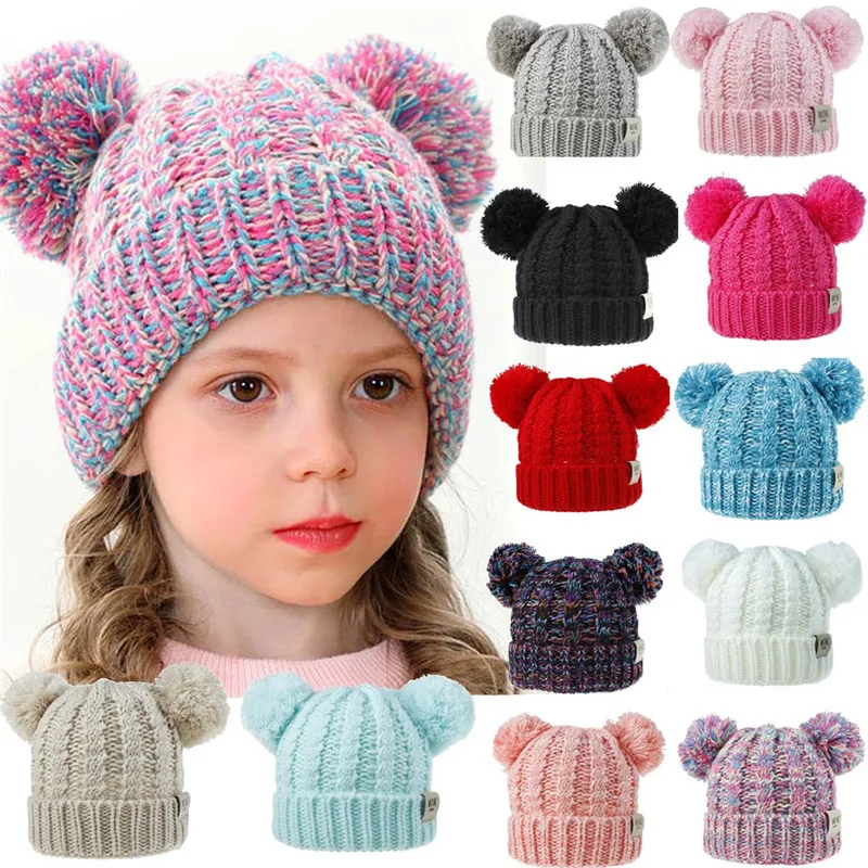 

YELITE 2019 New Two Fur Pompom Hat Baby Casual Winter Caps Knitted Wool Hats Skullies Beanies Girls Female Pom Pom Beanie Hat