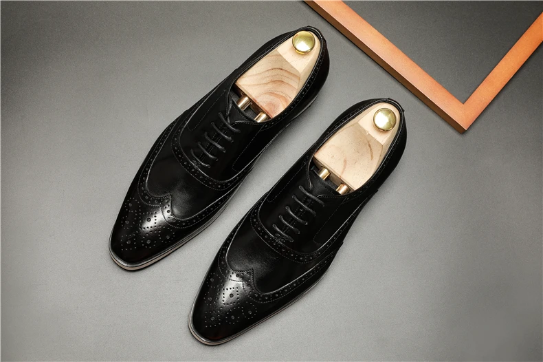 Products Phenkang Men Genuine Wingtip Leather Platform Oxford Shoes Pointed Toe Lace-Up Oxfords Dress Brogues Wedding Shoes