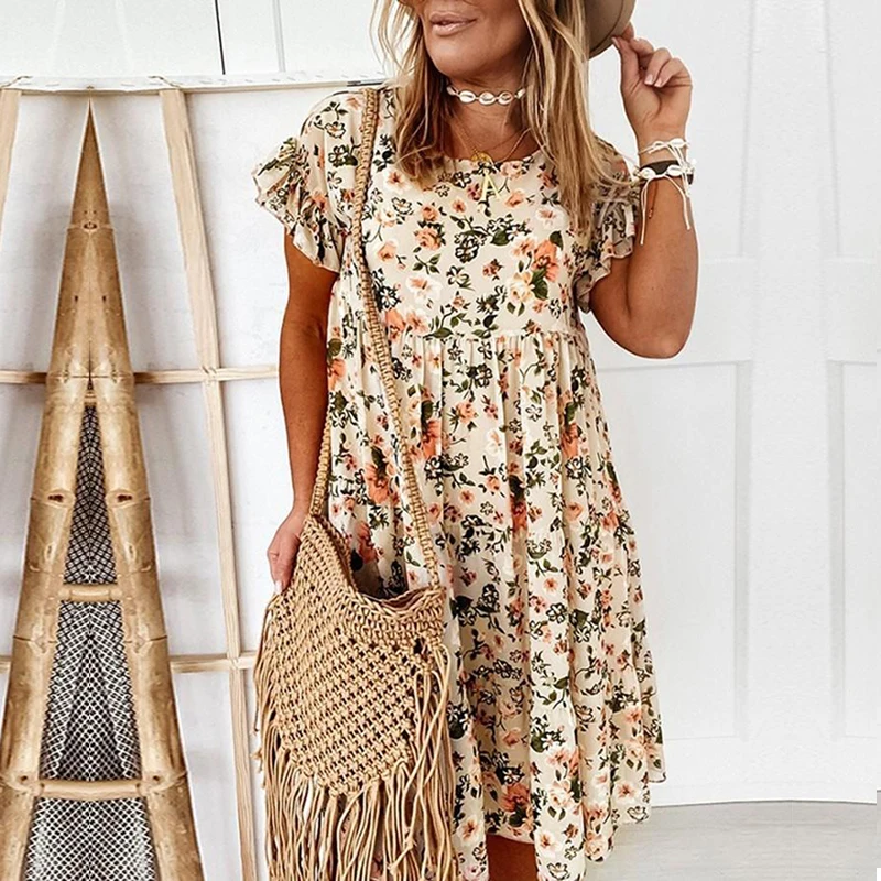 Vestido corto femenino de primavera-verano con estampado de moda, minivestido holgado elegante con manga corta y cuello redondo para fiesta, 2021