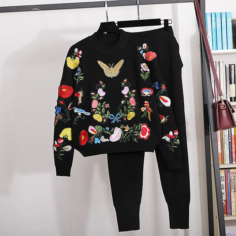 Street Fashion Winter Casual Tracksuit Women Autumn 2 Piece Outfits Floral Embroidery Sweater Knit Top and Haren Pants Suit Set