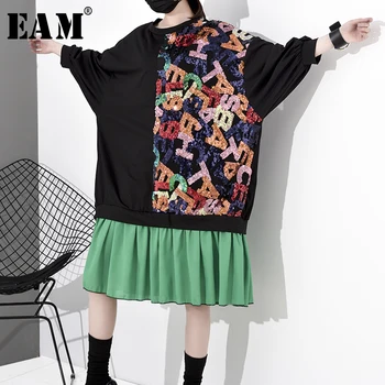 

[EAM] Women Black Sequins Pleated Big Size Dress New Round Neck Long Sleeve Loose Fit Fashion Tide Spring Autumn 2020 1S030