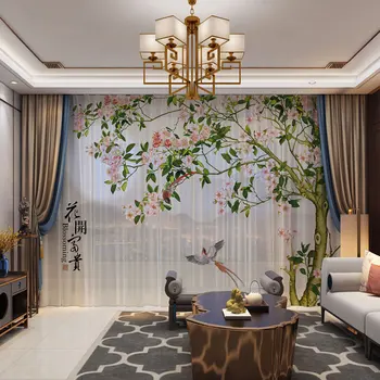 

3D Customized Photo Curtains Drape Panel Sheer Tulle Curtains For Living Room Door Bedroom Natural Birds Chinese Style