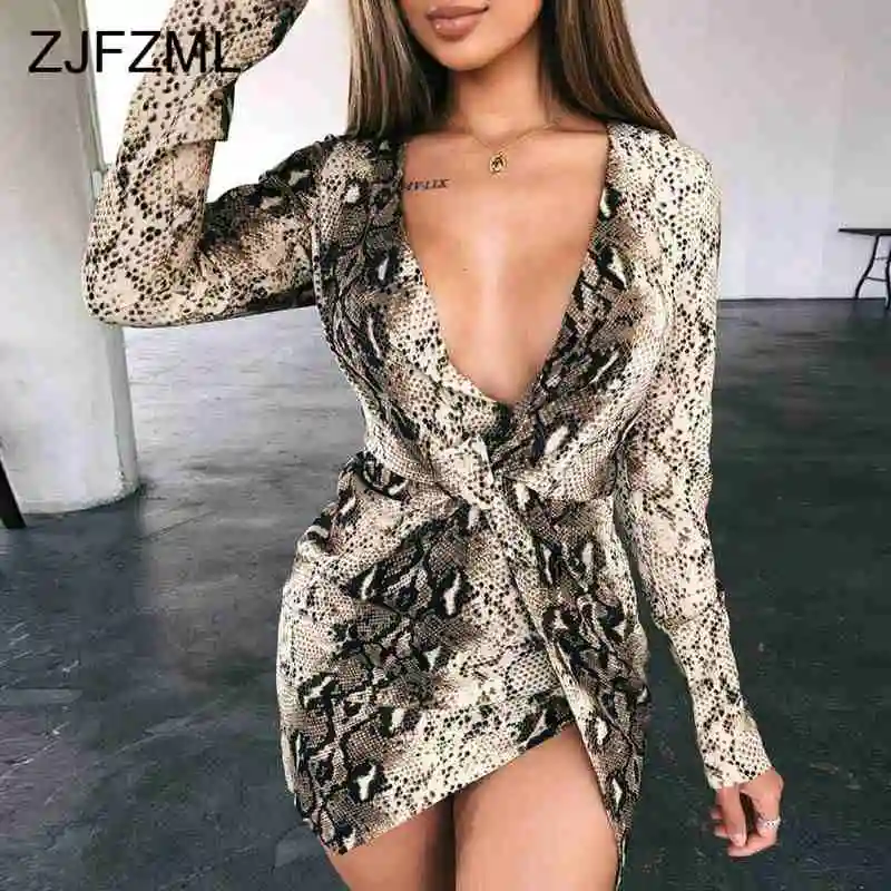 

Snake Print Deep V Neck Sexy Dress 2019 Autumn Female Criss Cross High Waist Mini Dress Fashion Long Sleeve Side Slit Wrap Dress