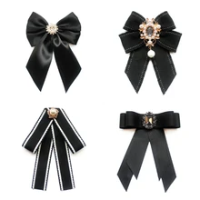 Novo laço de fita laço para mulheres meninas strass pérola arco blusa colar pino broche bowknot escola estudante camisa bowtie acessórios