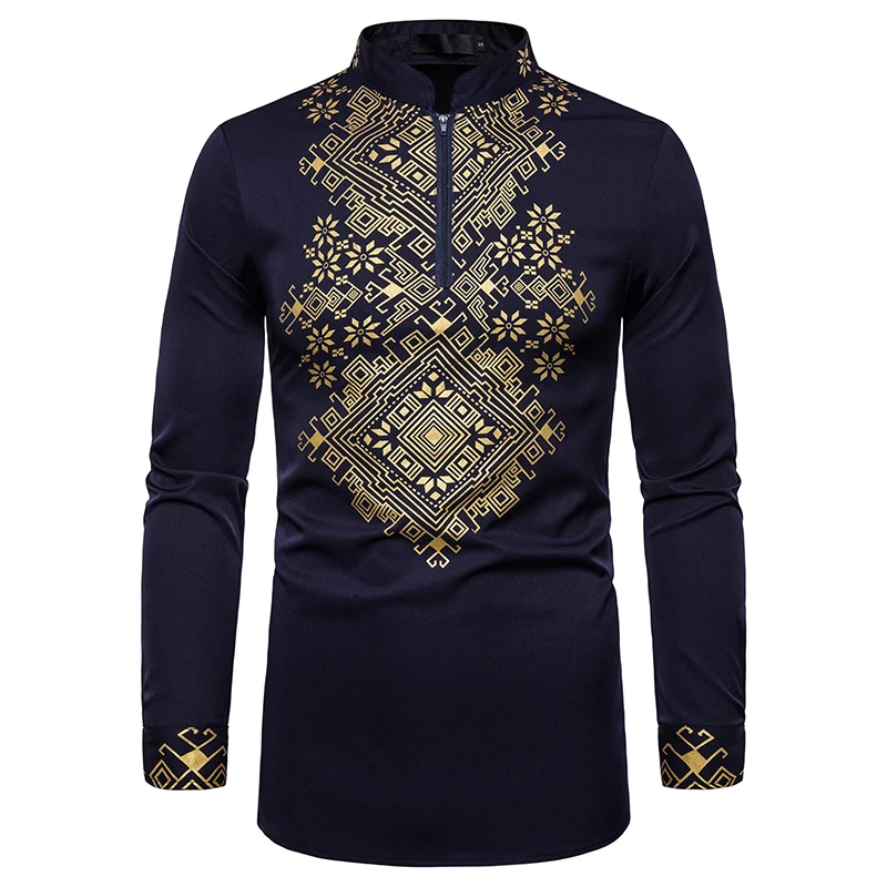 

UNPADUPE Men's Robe Shirt Fashion Slim Casual Long Sleeve Pattern Shirt Ethnic Style Men's Buttoned Shirt Men's Court Wind Shirt