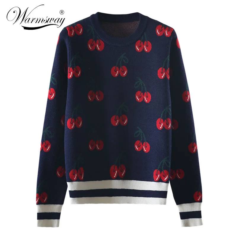 New Fashion Women Autumn And Winter Cute Cherry Jacquard Sweater Pullovers Ladies Chic Long Sleeve Jumper Knitting Top C-426