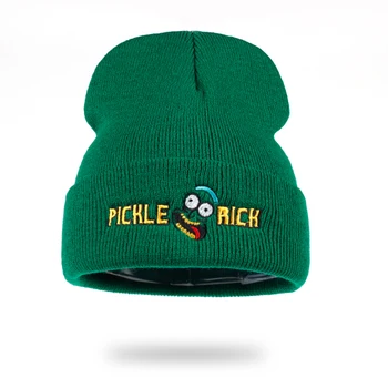 

Pickle Rick Beanie Knitted Hat Green Hat Rick and Morty Hats Elastic Brand Embroidery Warm Winter Skullies Cartoon Image