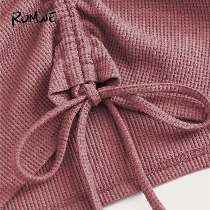 ROMWE V шеи Drawstring Передняя футболка осенняя одежда для женщин Повседневная короткий топ с длинными рукавами осенние однотонные женские топы одежда