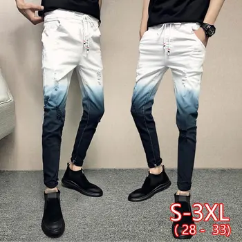 

Men Denim Pants Jeans Drawstring Men Gradient Color Street wear Men Jeans Hip Hop Slim Fit Casual Skinny Ripped jeans