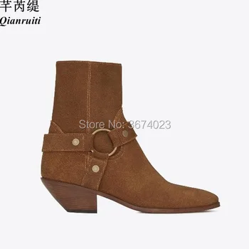 

Qianruiti New Fashion Women Cowboy Boots Harness Strap Chunky Heels Pointed Toe Cowgirl Ankle Boots Black Tan Western Shoes