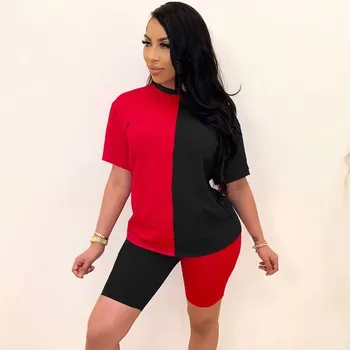 

Summer Two Piece Set Women Sportswear Casual 2 Piece Set Tracksuit Women Outfits Color Patchwork Short Top and Biker Shorts Set