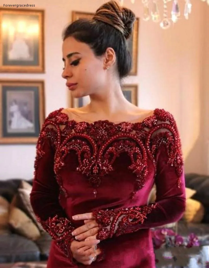2018 Arabic Gorgeous Long Sleeves Formal Evening Dresses with Beaded Collar Mermaid Burgundy Velvet Long Prom Dress Mother Dress BA6885 148 (1)
