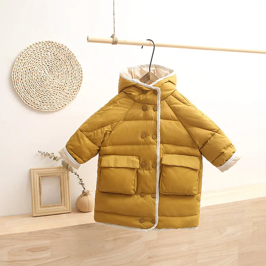 New Vintage White Duck Down Jacket For Girls 3-9 Years Fashion Beige Solid Outerwear Kids High Street Winter Long Coat Boys