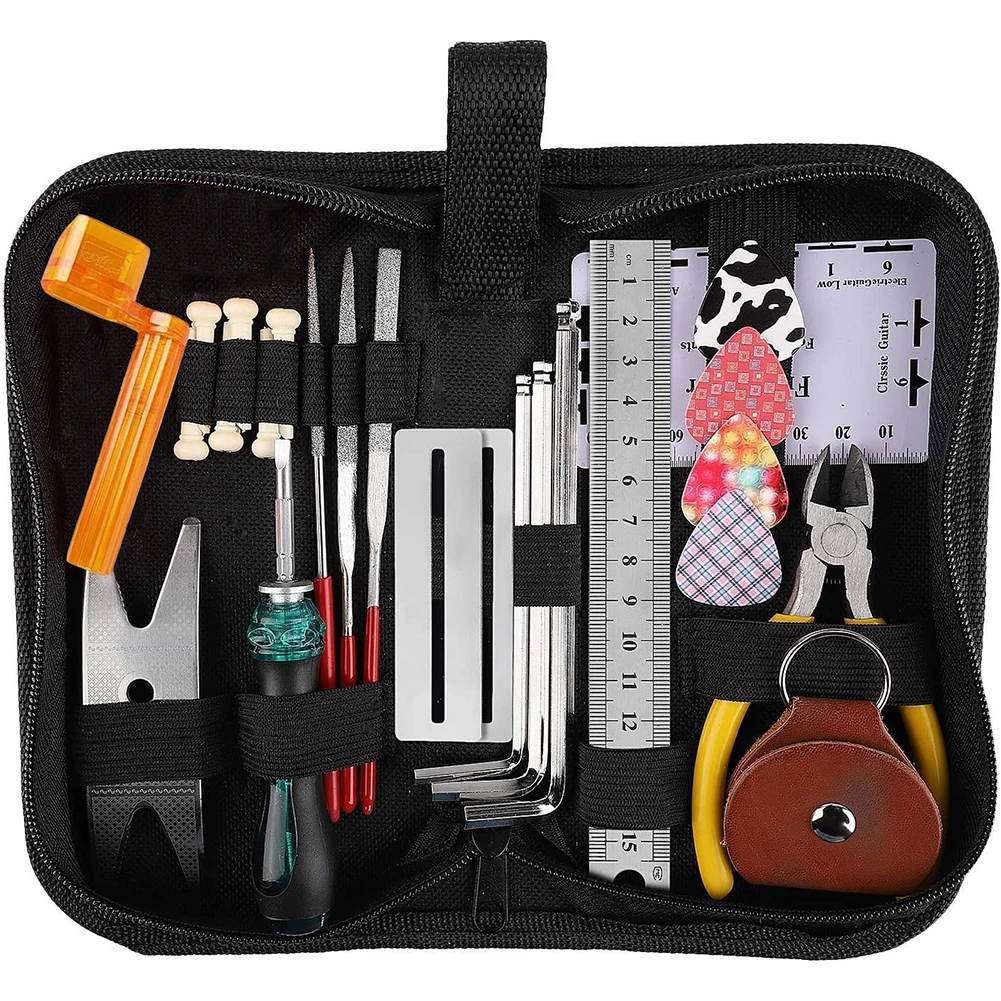 

26 Pcs Guitar Repair Maintenance Cleaning Tool Kit 3 in 1 Guitar String Winder Cutter Pin Puller Guitar Fret Rocker Leveling Kit